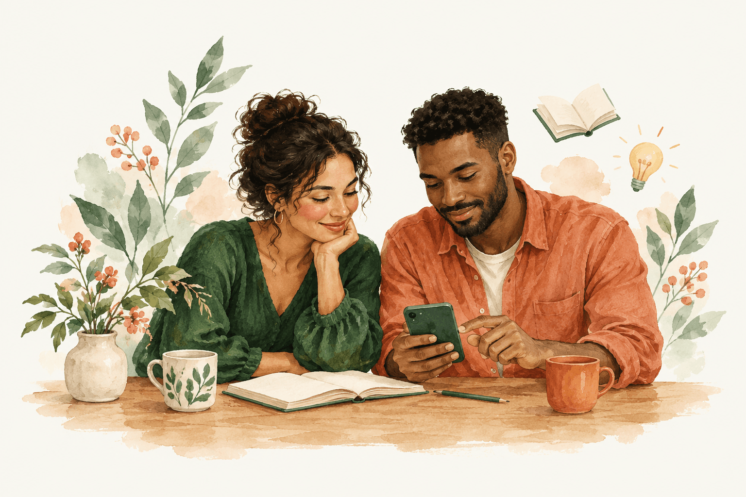 Two people calmly reviewing a phone and learning together